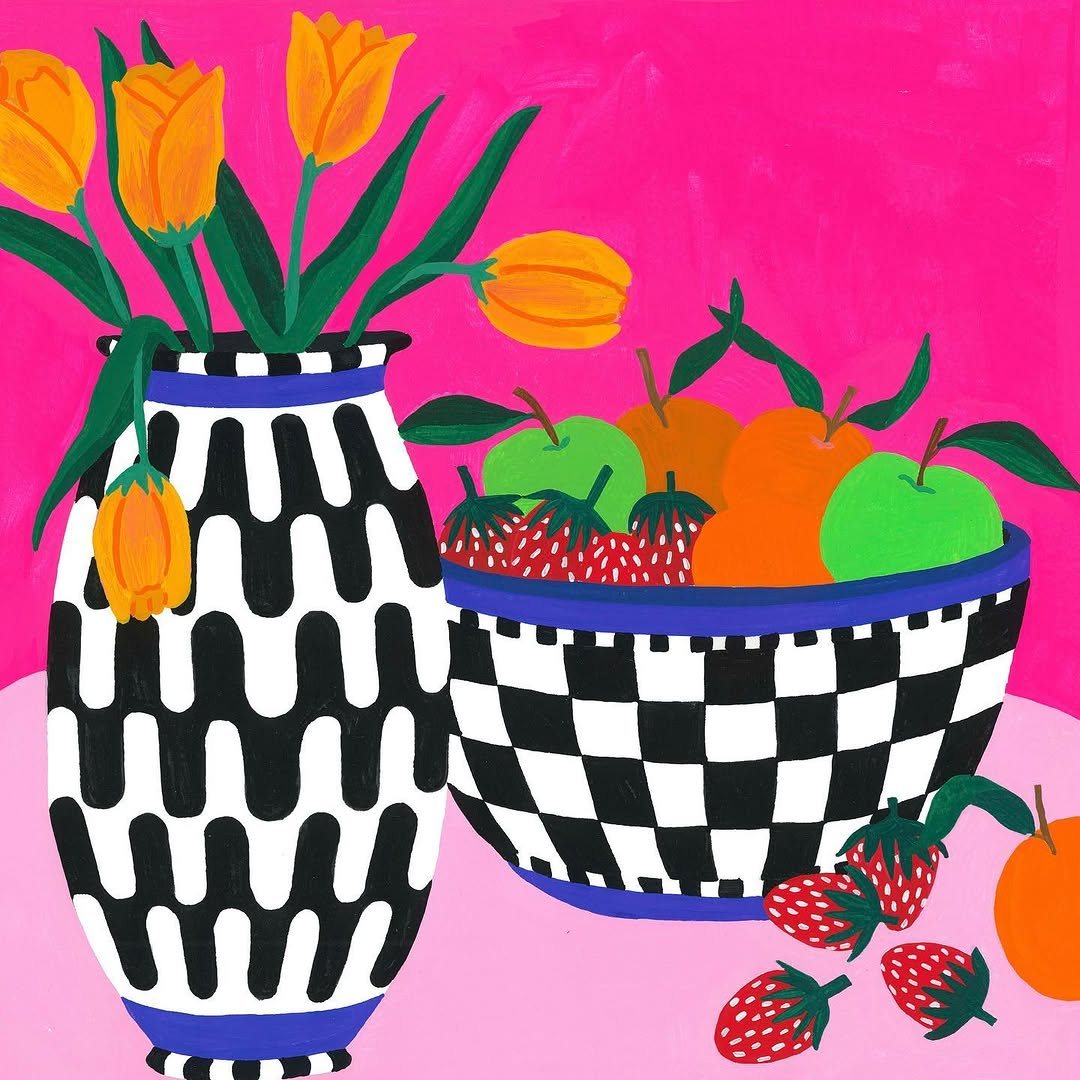 Nature morte, vase noir et blanc et coupe de fruits sur fond rose
